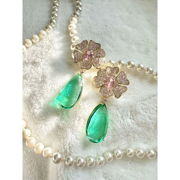 Mint green and light pink teardrop flower cubic zirconia dangle earrings ￼ - Picture 7 of 11